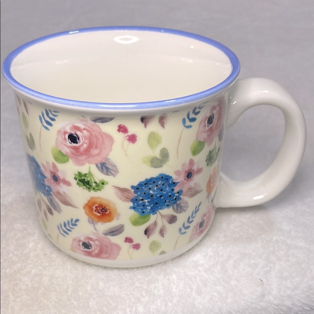 Orly Maison Floral Ceramic Mug with Blue Rim